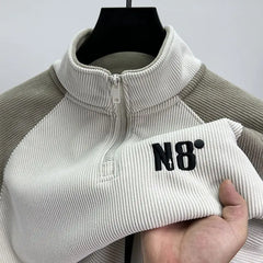 Threebooy  High-end Half-high Neck Zipper Sweatshirt Men's Velvet Thickened Trendy Color-blocking Raglan Sleeves Youth Long-sleeved T-shirt