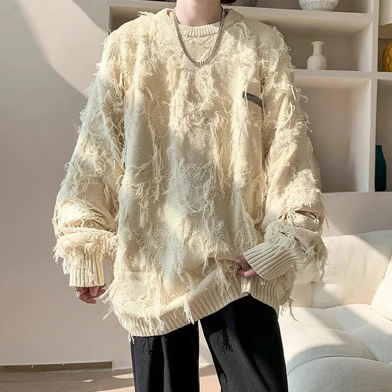 Threebooy  Winter Ripped Fringe Raw Edge Sweater For Men Hip Hop Fashion Knitted Pullovers Y2K Vintage Streetwear Knitwear Jersey Clothes