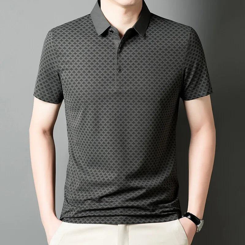 Threebooy  Men's Summer New Short Sleeved Polo Shirt High-quality Ice Silk Slim Fit Casual Top Fashionable Printed Short Sleeved T-shirt