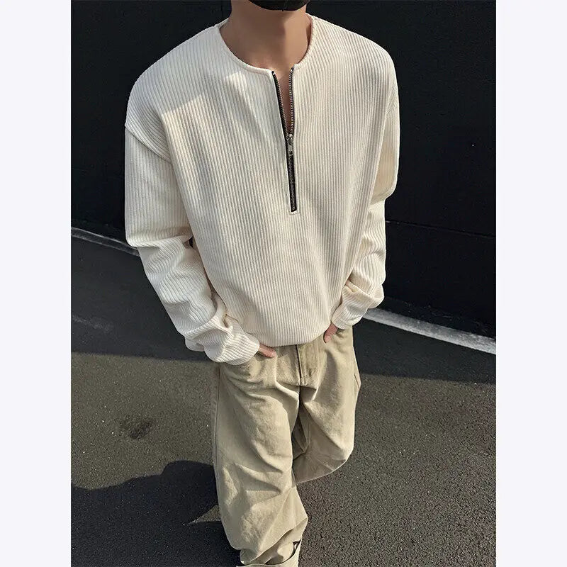 Threebooy  New Men Slim Fit Half Zip Solid Color Round Neck Long Sleeve Tshirt Spring Base shirt Casual Streetwear Hot Sale Trend T shirt