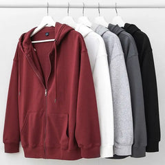 Threebooy Trendy Brand Burgundy Hooded Sweatshirt Spring and Autumn 2025 Men and Women Solid Color Zipper Cardigan Retro Top Men Ins Trend