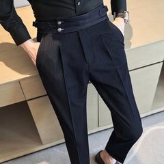 Threebooy Men Spring Summer Belt Decoration Casual Ankle Length Pants Fashion Slim Fit Suit Pants Streetwear Social Business Trousers