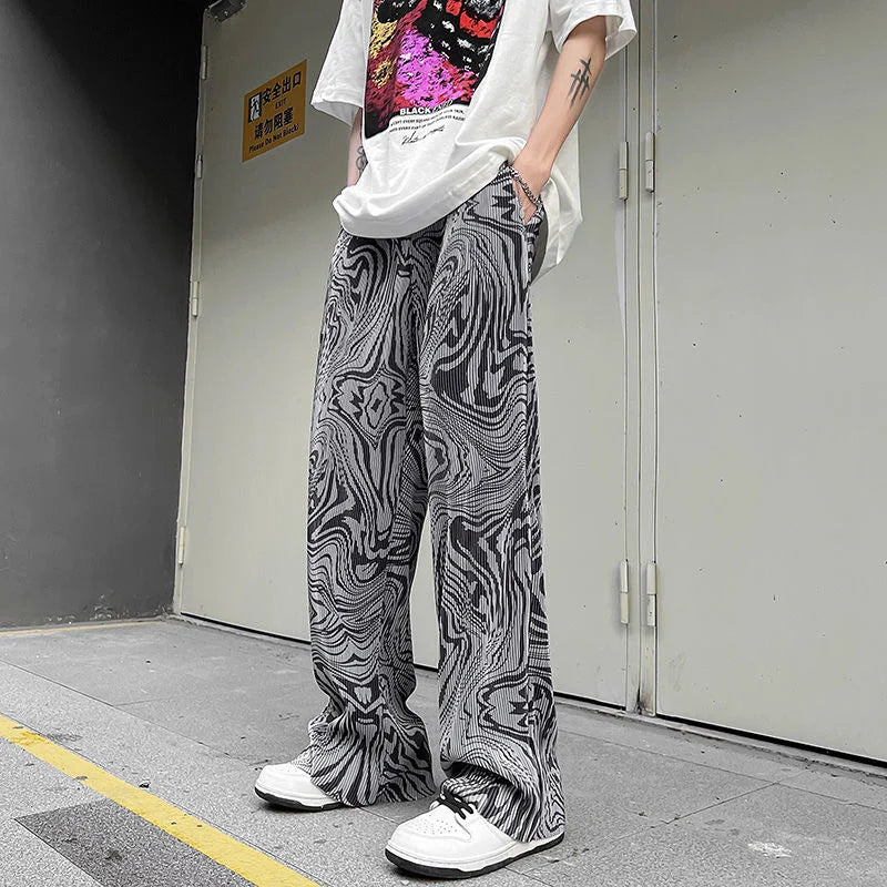 Threebooy Casual Ice Silk Mopping Pants Men Four Seasons Fashion Sports Trousers Thin Printed Loose Pants Straight Wide Leg Pants Oversize