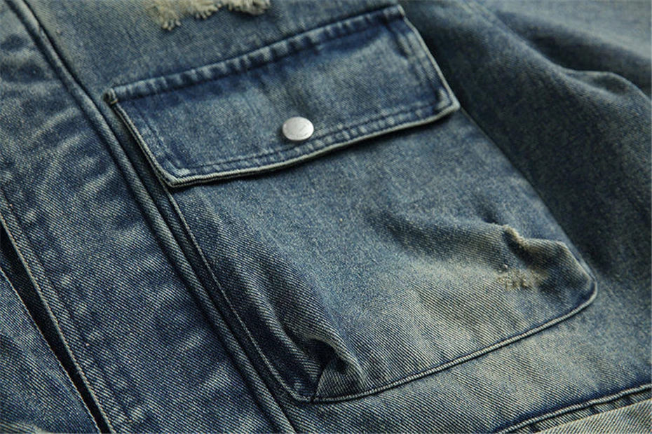 Vintage Ripped Hole Denim Jackets Mens Streetwear Punk Y2k Cargo Coats Harajuku Loose Casual Multiple Pockets Jeans Jackets Male