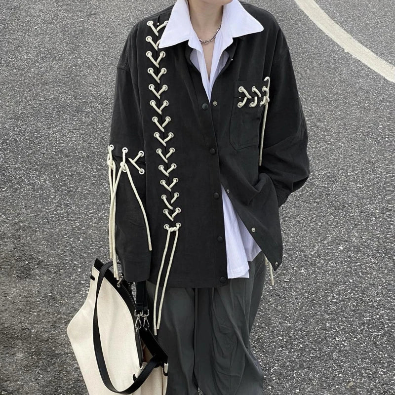 Threebooy Unisex Vintage Punk Black Shirt Coat Men Women Spring Autumn Japanese Harajuku Tie Rope Top Versatile High Street Shirt