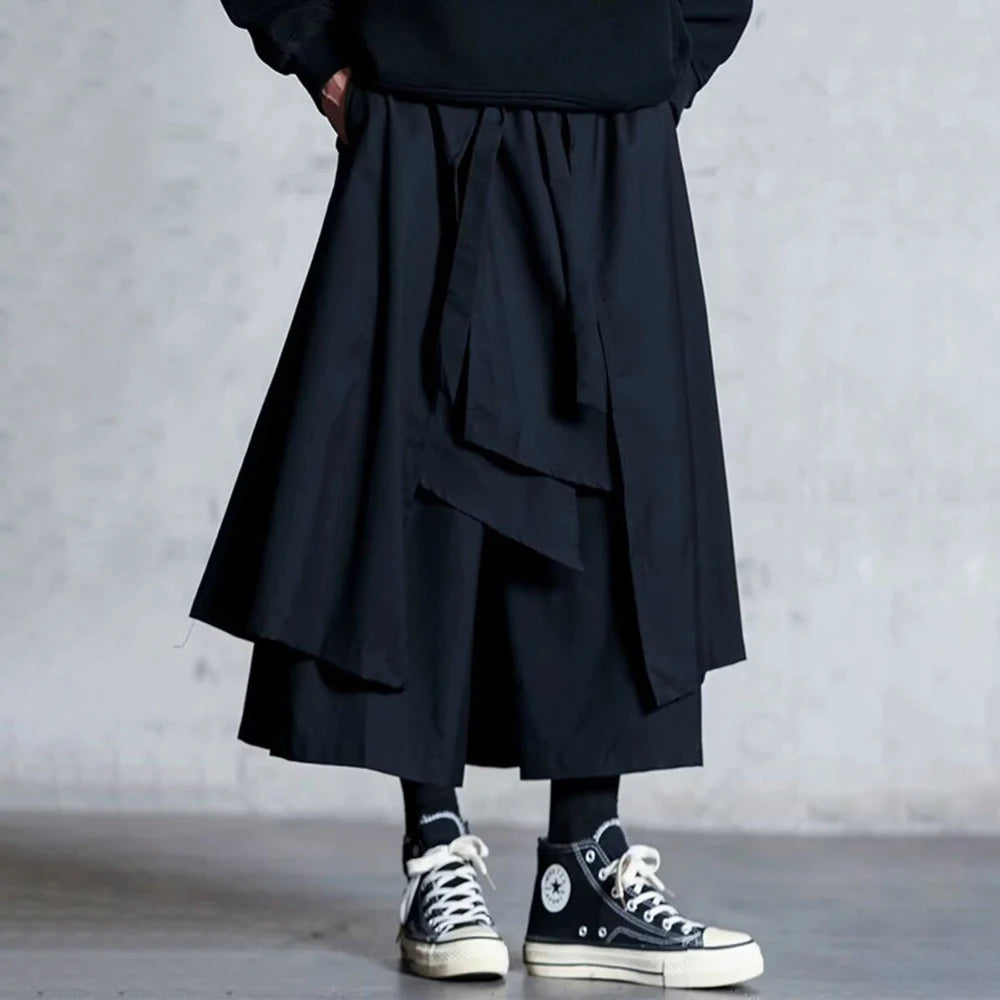 Threebooy  Mens Y2k Culottes Double Layer Samurai Pants Hakama Spring Streetwear Fashion Trend Gothic Casual Pants Men'S Clothing New