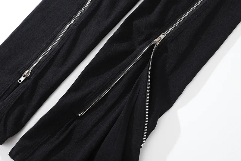 Threebooy Harajuku Sashes Zipper Decorate Vibe Style Black Cargo Pants for Men High Street Straight Casual Baggy Oversized Unisex Trousers