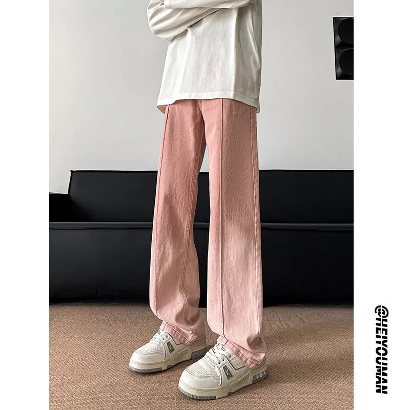 Threebooy Pink Baggy Jeans Men Fashion Retro Gradient Black Jeans Men Streetwear Hip-hop Loose Straight Jeans Mens Vintage Denim Trousers