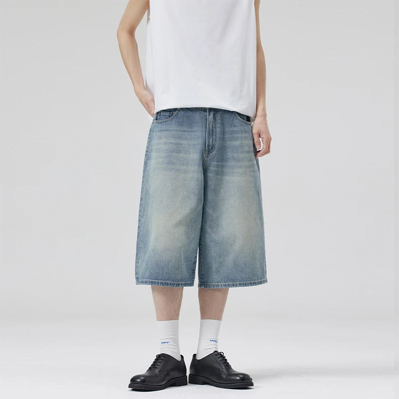 Threebooy  Oversized Baggy Men's Denim Shorts Summer Fashion Retro Casual Loose Wide-leg Calf-length Jeans Harajuku Y2K Streetwear