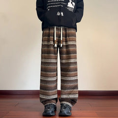 Threebooy Autumn Woolen Pants Men Fashion Retro Stripe Pants Men Streetwear Hip-hop Loose Wide Leg Pants Mens Vintage Trousers Large Size