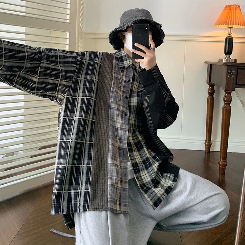 Threebooy Men's Fashion Trend Loose Long Sleeves Hawaiian Shirts Cargo Splicing Plaid Printing Shirts Black Color Camisa Masculina