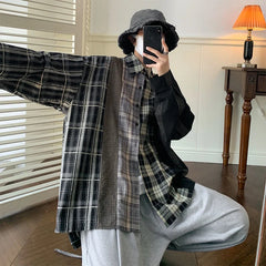 Threebooy Men's Fashion Trend Loose Long Sleeves Hawaiian Shirts Cargo Splicing Plaid Printing Shirts Black Color Camisa Masculina