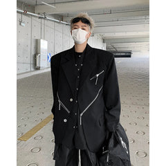 Threebooy Oversized Black Blazer Men High-end Fashion Leisure Suit Jackets Multi-zippers Male Streetwear Casual Korean All-match Suit