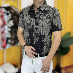 Threebooy  Fashion Retro Printed Men's Shirt Summer Short Sleeve Casual Business Ice Silk Breathable Shirt Versatile Men Clothing