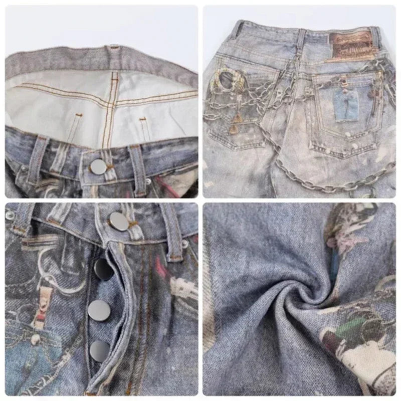Threebooy  New Men's 3D Chain Printed Baggy Jeans Autumn Casual Baggy Straight Denim Pants Women High Street Blue Wide-leg Y2K Jean