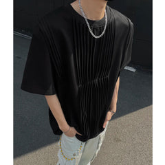 Threebooy Men Pleated Chic T Shirt Solid Color O-neck Short Sleeve Casual Tshirt Men Clothing Streetwear 2025 Summer Fashion Camisetas