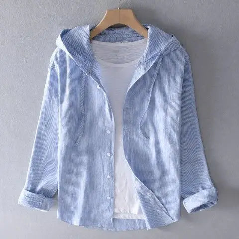Threebooy  Spring Summer New Hooded Long-sleeved Solid Color Linen Shirt Trendy Men's Thin Loose Youth Fashion Linen Sunscreen Shirt