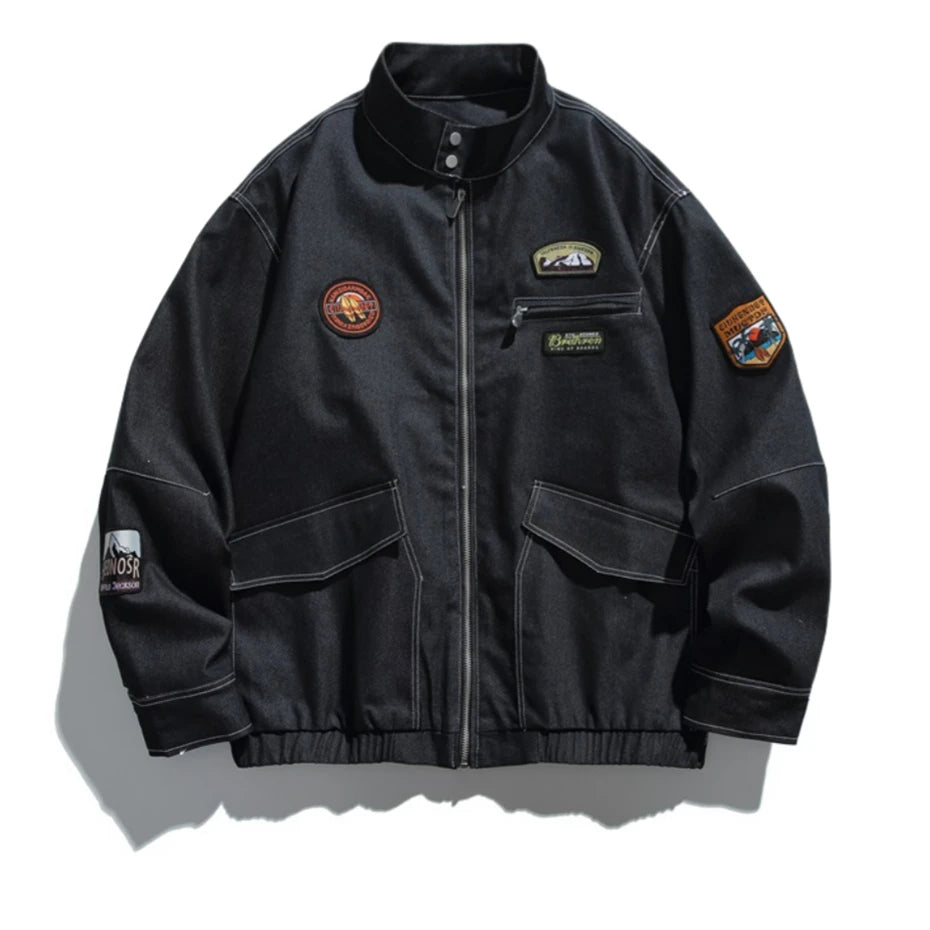 Threebooy Vintage Badge Embroidery Bomber Jacket Men Streetwear Harajuku Large Pockets Cargo Coat Oversized Autumn New Loose Casual Jacket