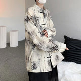 Threebooy Art Men Chinese Style Hanfu Tops Traditional Ethnic Kung Fu Trendy Shirt Sunscreen Clothing Bamboo Leaf Pan Button Printing Top