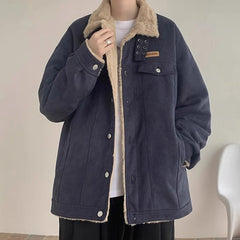 Threebooy  New American Fleece-lined Men Padded Jackets Luxury Harajuku Long Sleeve Streetwear Winter Trendy Chic Turn-down Collar Coats