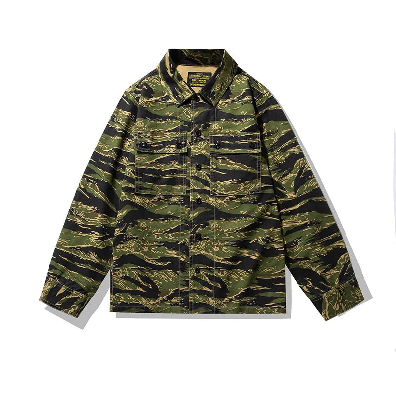 Threebooy  Spring Men's Tiger Stripe Camo Camouflage Cargo Shirt Fashion Work Engineer Long Sleeved Shirt Jacket With Double Pockets