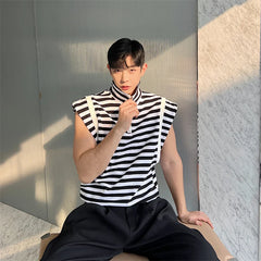 Threebooy Fashion Korean Summer Casual Men's Turtleneck Striped Vest New Loose Top Personality Half Zipper Sleeveless T-shirt Trend