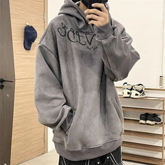 Threebooy Suede Hooded Sweater Men's Autumn/Winter New Trend Handsome American High Street Loose Casual Hip Hop Pullover Coat