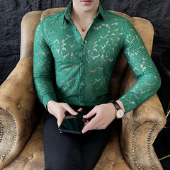 Threebooy  Sexy Mesh See Through Flower Lace Sheer Shirt for Men Long Sleeve Casual Shirts Social Party Tuxedo Nightclub Event Prom Shirts