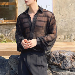 Threebooy  Summer New Men's Solid Color Striped Hollow Long-Sleeved Shirt Retro Fashion Trend Leisure Loose Breathable Niche Men's Tops