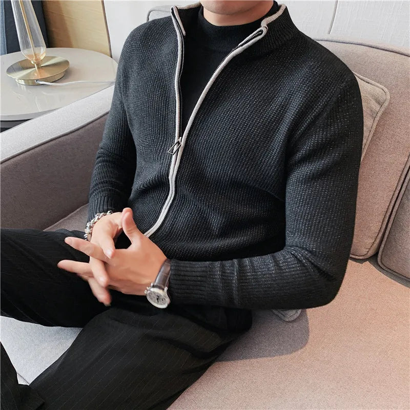 Threebooy  Autumn Winter Warm Cardigan Men Fleece Zipper Sweaters Jackets Men Slim Fit Knitted Sweatercoat Thick Cardigan Sweater Coat