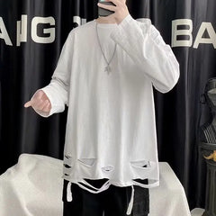 Threebooy Spring Autumn Women's Black White Holes Long Sleeved T-shirt New In Fashion Bottoming Shirt Tops Tees
