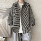 Threebooy Winter Short Woolen Coat Men Warm Fashion Retro Thickened Woolen Jacket Men Korean Loose Stripe Woolen Coat Mens Thick Jackets