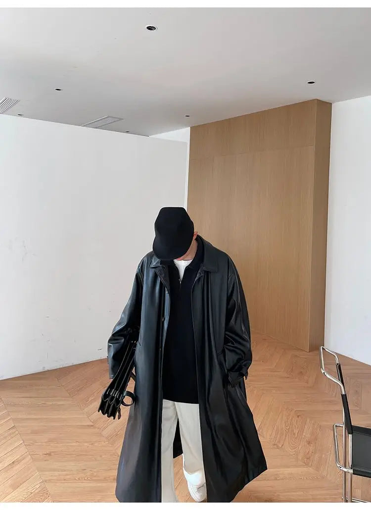 Threebooy 2025 Spring Pu Leather Jacket Men's Mid-length American Retro Long Jacket Lapel Button Coat Trendy Cityboy Windbreaker