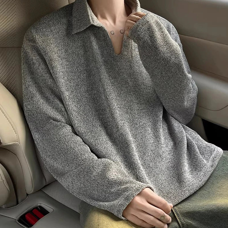 Threebooy  New American Retro Men Polo Shirt Luxury Knitted Solid Color V Neck Long Sleeve T-shirt Casual Premium Quality Textured Knitwear