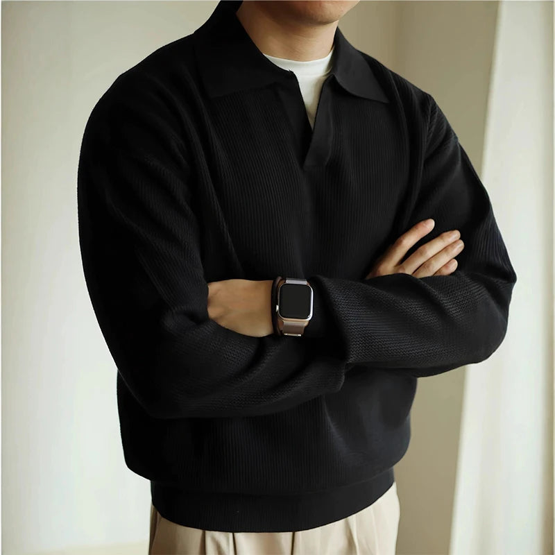 Threebooy  New American Chic Men Polo Sweater Luxury Trendy Business V Neck Knit Solid Color Pullover Leisure Slim-fit Long Sleeve Knitwear
