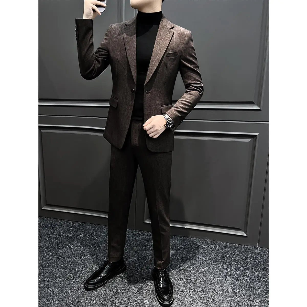Threebooy  Striped Men's Set Wedding Korean Version Business Casual Stylish High-End Suit Jacket New Model