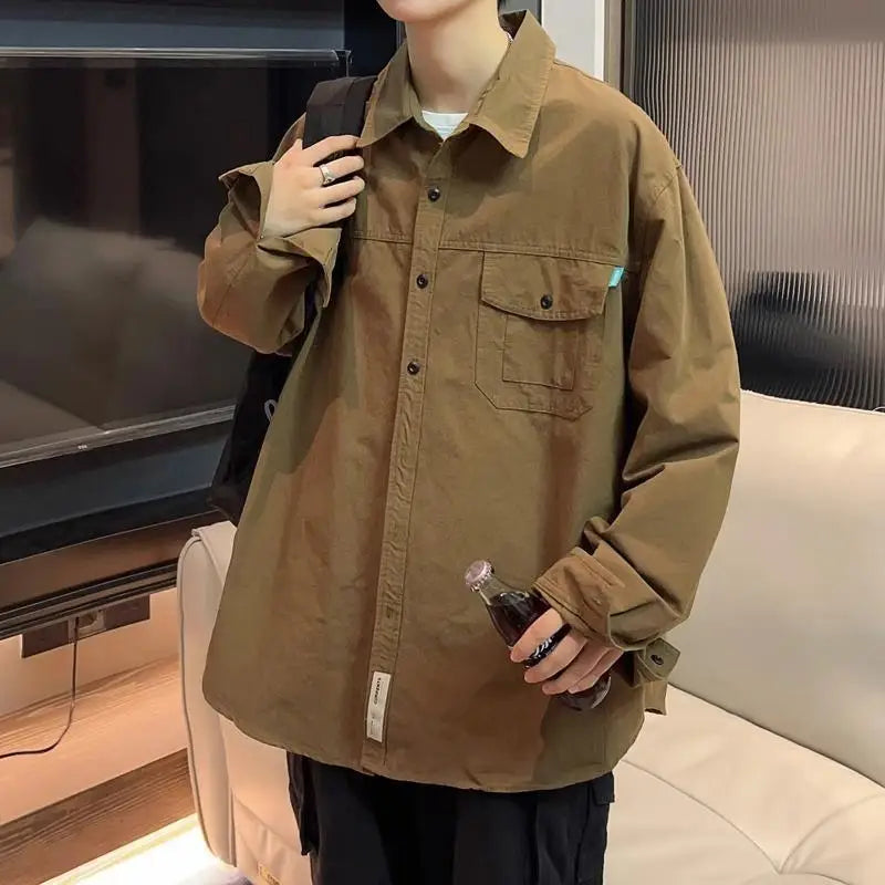 Threebooy  Japanese Men's Spring and Autumn New Patchwork Square Collar Button Pocket Fashion Solid Loose Casual Long Sleeved Jackets