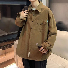 Threebooy  Japanese Men's Spring and Autumn New Patchwork Square Collar Button Pocket Fashion Solid Loose Casual Long Sleeved Jackets