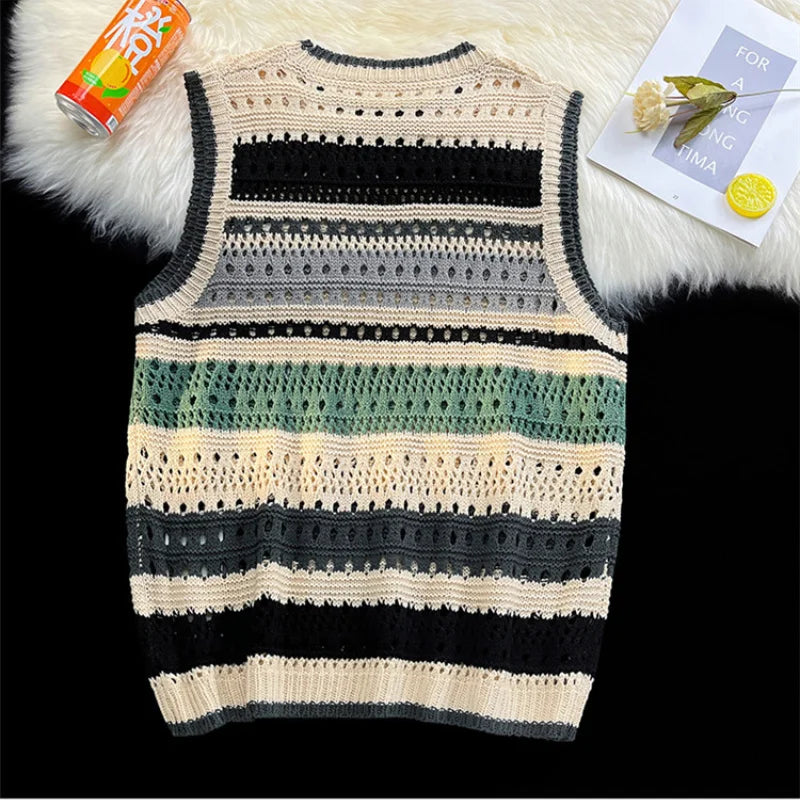 Threebooy Contrast Striped Hollowed Out Knit Tank Top Men's Oversize Summer Japanese Outerwear Layered Bf Couple Knitwear Sleeveless Top