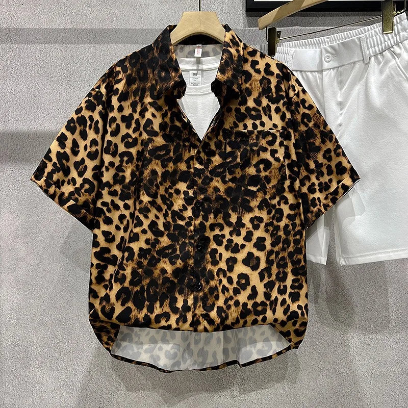 Threebooy New Men's Summer Cool Loose Short Sleeved Top Hawaiian Beach Vacation Leopard Print Flower Shirts For Men