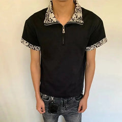 Threebooy  Men Leopard Print Spliced Collar Half-Zip Short Sleeve T-Shirt Streetwear Casual Top Trendy Niche Summer New
