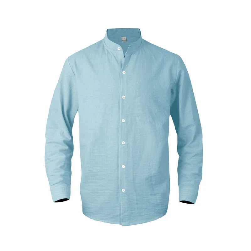 Threebooy 2025 New Autumn New Men's Casual Shirt Business Casual Style Linen Shirt Striped Stand Collar Long Sleeve Cardigan Shirt Men