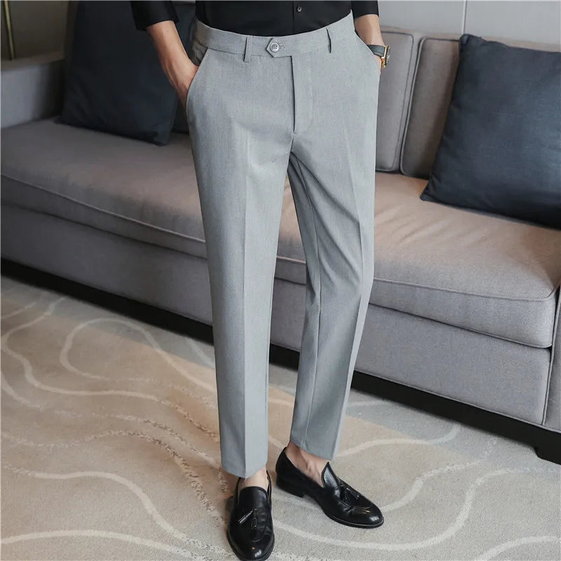 Threebooy  New Men Non-iron Fabric Dress Pants Slim Straight Black White Casual Suit Pants Male Business Little Feet Suit Trousers