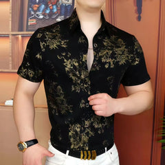 Threebooy  Luxury Velvet Printed Short Sleeved Shirt for Men Retro Social Casual Shirt Trendy and Versatile Street Wear Men's Clothing