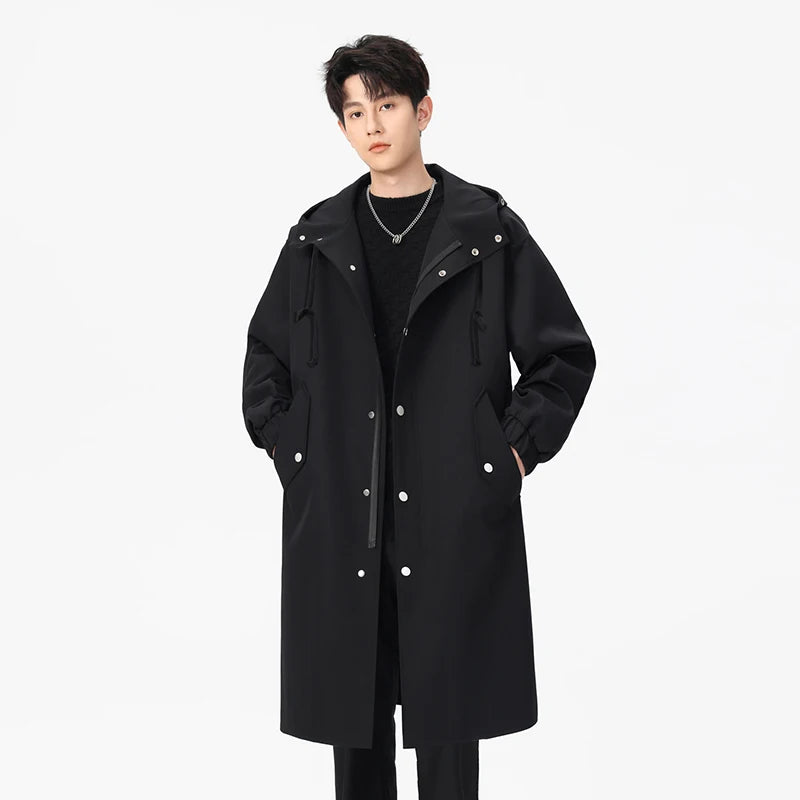 Threebooy Men  Windproof Hooded Trench Coat Jacket Mid Length 2025 Autumn New Style Outerwear Fashion Casual Coat Windbreaker Men s Windp