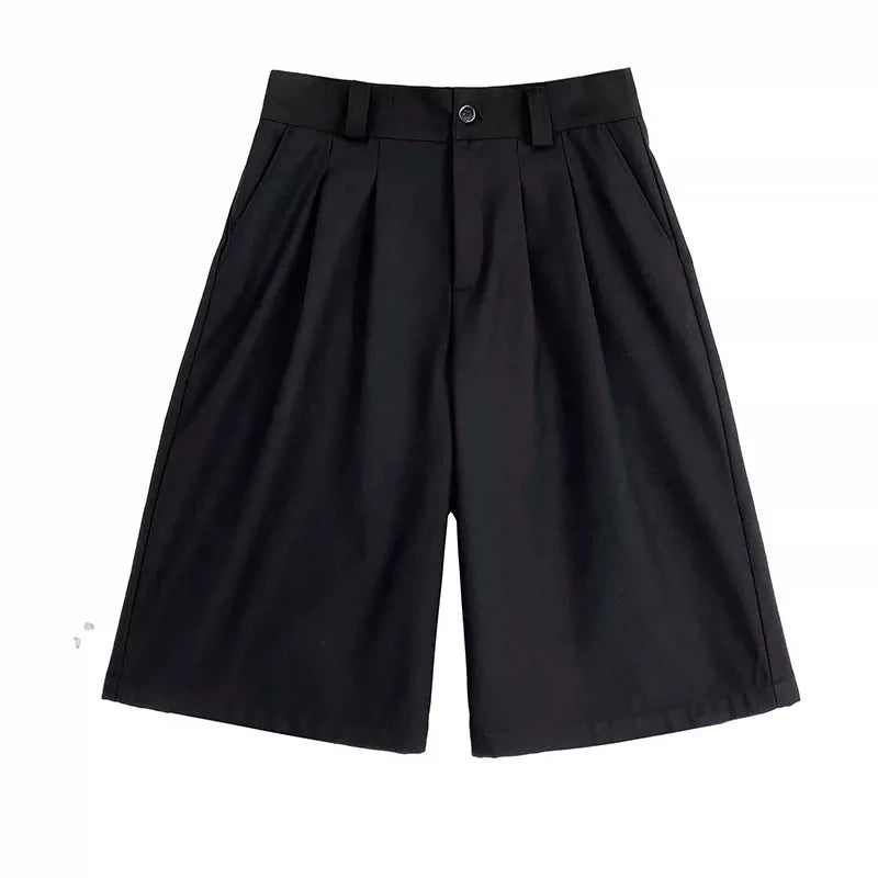 Threebooy Spring Summer Loose Casual Soft Black Pleated Shorts for Men Mens with High Waist Short Straight Pants Clothes