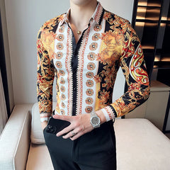 Threebooy Luxury Paisley Gold Printed Shirt Men's Royal Club Clothing Korean Men's Long Sleeve Slim Long Sleeve Shirt Tuxedo Shirt