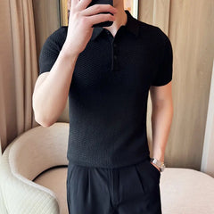 Threebooy  Spring/Summer New Polo Shirt Collar Slimming Striped Knitted Hoodie Business Casual Slimming Elastic T-shirt Homme 4XL