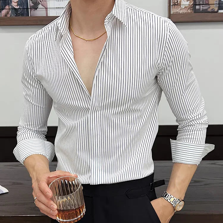 Threebooy  Men Striped Shirt Spring Summer Slim Fit Casual Non Iron Long Sleeve Business