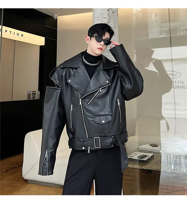 Threebooy Autumn Winter Wide Shoulder Zipper Leather Jacket Luxury Men Streetwear Loose Vintage Punk Motorcycle Jacket Korean Fashion Coat